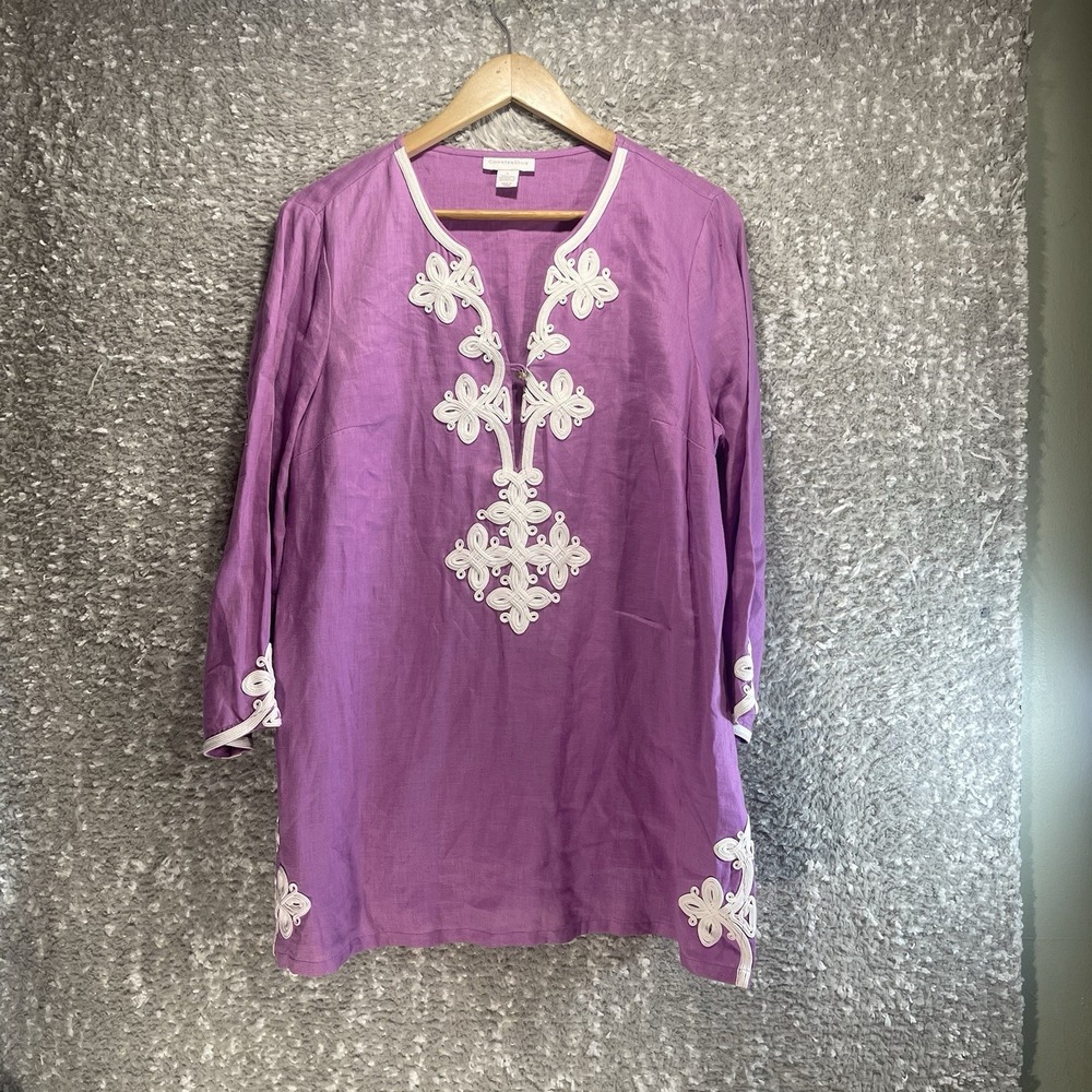 Charter Club Linen Tunic Top 3/4 Sleeve Purple White Beach Preppy Coastal Large